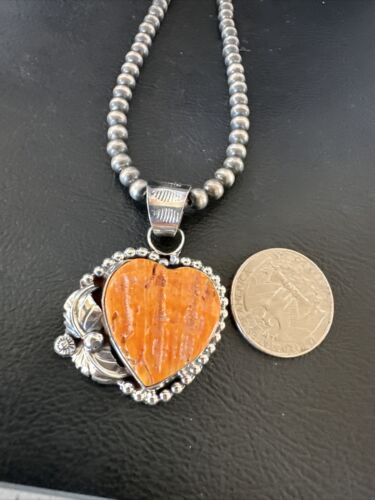 Navajo Orange Spiny Oyster Heart Pendant Necklace | Sterling Silver | Authentic Native American Handmade | 16416