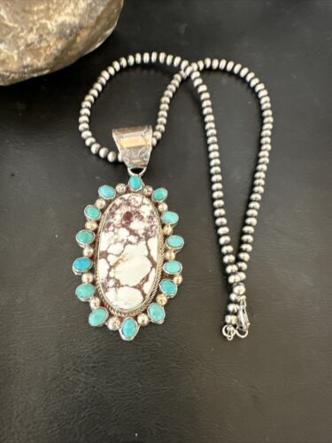 Navajo Wild Horse Turquoise Pendant | Sterling Silver | Native American Handmade | 17147