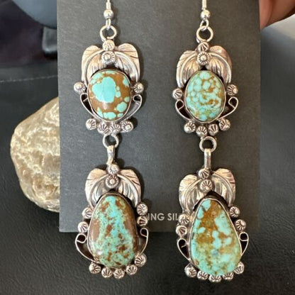 Navajo Blue Turquoise #8 Dangle Earrings | Sterling Silver | Authentic Native American Handmade | 16908