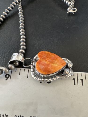 Navajo Orange Spiny Oyster Heart Pendant Necklace | Sterling Silver | Authentic Native American Handmade | 16414