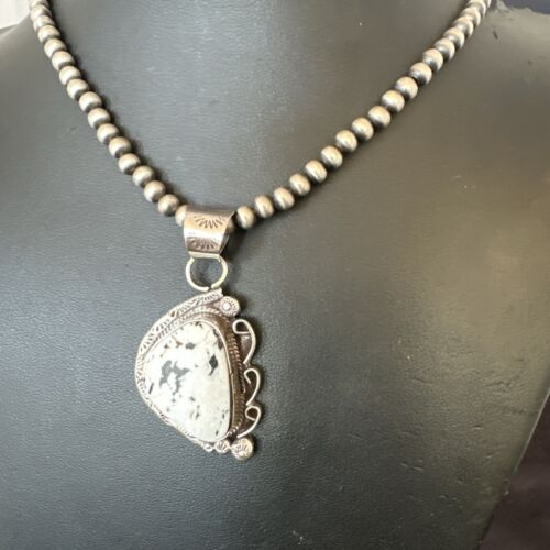 Navajo White Buffalo Turquoise Pendant Necklace | Sterling Silver Pearls | Authentic Native American | 17111