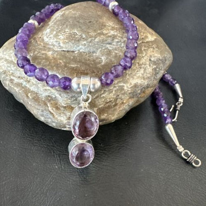 Southwestern Navajo Amethyst Pendant | Sterling Silver Pearls Necklace | 19" | 17502 - Masha USA