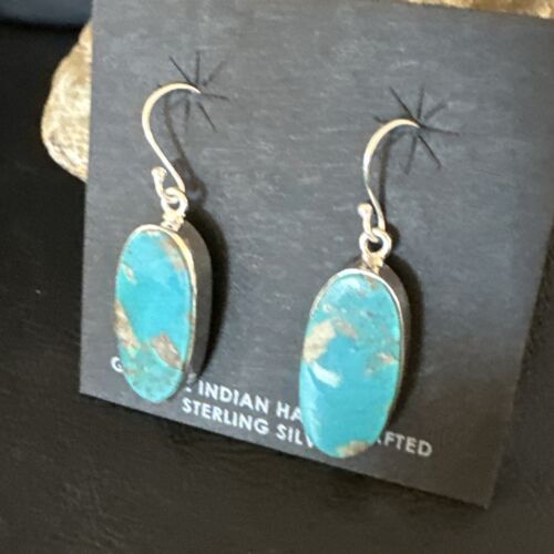 Navajo Blue Turquoise Dangle Earrings | Sterling Silver | Authentic Native American Handmade | 15432