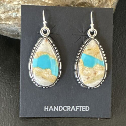 Navajo Blue Boulder Turquoise Dangle Earrings | Sterling Silver | Authentic Native American Handmade | 16503