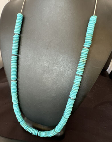Men's Navajo Blue Turquoise Heishi Necklace | Sterling Silver | 24" | Authentic Native American Handmade | 16340 - Masha USA