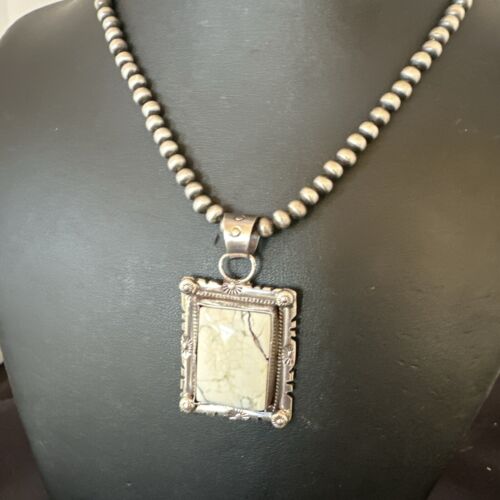 White Buffalo Turquoise Pendant | Navajo Pearls Sterling Silver Necklace | Authentic Native American Handmade | 17102