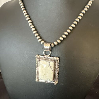 White Buffalo Turquoise Pendant | Navajo Pearls Sterling Silver Necklace | Authentic Native American Handmade | 17102