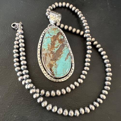 Navajo Blue Turquoise #8 Pendant Necklace | Sterling Silver Pearls | Authentic Native American Handmade | 16346