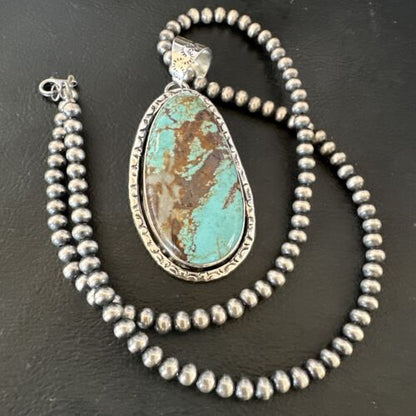 Navajo Blue Turquoise #8 Pendant Necklace | Sterling Silver Pearls | Authentic Native American Handmade | 16346