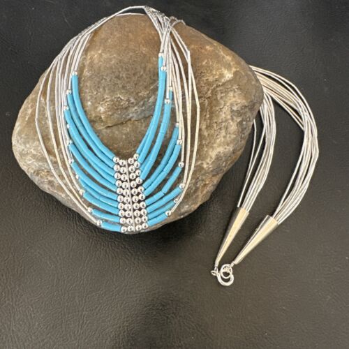 Navajo Blue Turquoise Necklace | 10-Strand | Sterling Liquid Silver Tube Heishi | 22" | 16449