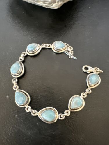 Navajo Blue Larimar Link Bracelet | Sterling Silver | 8" | Authentic Native American Handmade | 16083