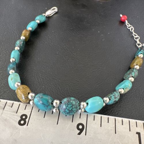 Women's Blue Turquoise Bead Bracelet | Southwestern Sterling Silver Link | 8" | 17236