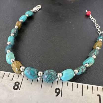 Women's Blue Turquoise Bead Bracelet | Southwestern Sterling Silver Link | 8" | 17236