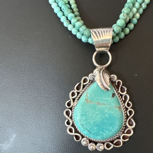 Blue Turquoise Pendant | Navajo Pearls | Sterling Silver Bead Necklace 17" | Multi-Strand | 15993