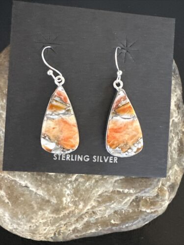 Navajo Blue Turquoise & Orange Spiny Oyster Inlay Dangle Earrings | Sterling Silver | Native American Handmade | 15581