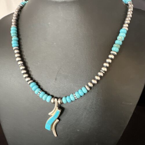 Navajo Blue Turquoise Pendant Necklace | Sterling Silver with Pearls | Authentic Native American Handmade | 15376