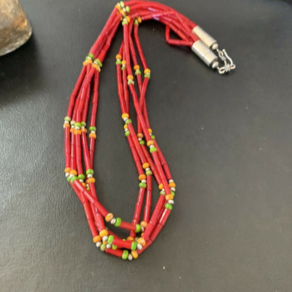 Navajo Red Coral Spiny Turquoise Bead Necklace with Pendant | Sterling Silver | 21" | 10923
