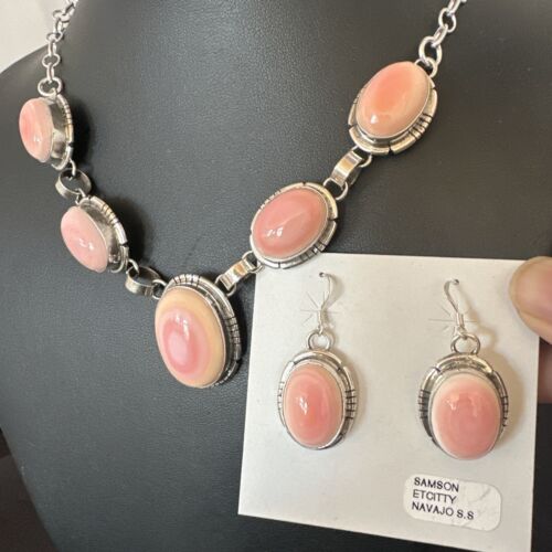 Navajo Pink Conch Choker Necklace | Sterling Silver Pendant 18" | Earrings Set | Authentic Native American Handmade | 16126
