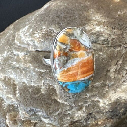 Navajo Blue Turquoise Orange Spiny Oyster Ring | Sterling Silver | Sz 8 | Authentic Native American Handmade | 16621