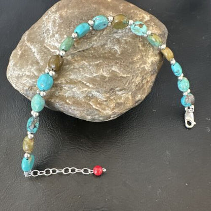 Southwestern Blue Turquoise Bead Link Bracelet | Sterling Silver | 8" | 17234