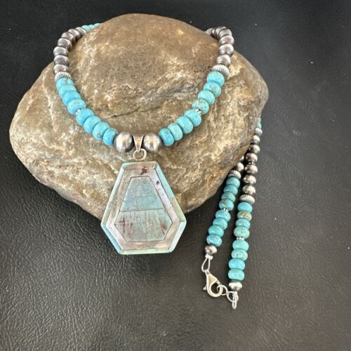 Navajo Turquoise Inlay Pendant Necklace | Sterling Silver | Authentic Native American Handmade | 17076