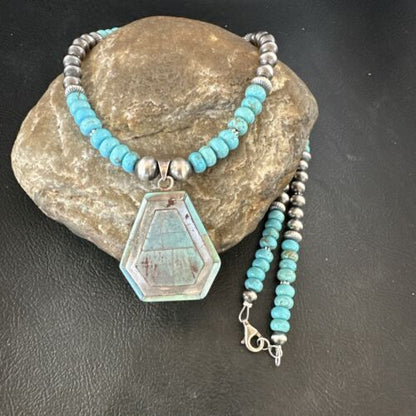Navajo Turquoise Inlay Pendant Necklace | Sterling Silver | Authentic Native American Handmade | 17076