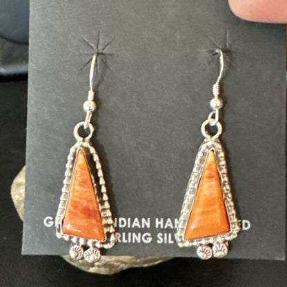 Navajo Orange Spiny Oyster Dangle Earrings | Sterling Silver | Authentic Native American Handmade | 17275