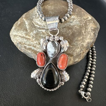 Navajo White Buffalo Coral Onyx Pearls Cluster Pendant | Sterling Silver | Native American Handmade | 15371