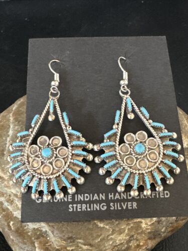 Zuni Kingman Turquoise Needle Point Dangle Earrings | Sterling Silver | Authentic Native American Handmade | 14876