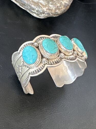 Navajo Blue Turquoise 5 Stone Cuff Bracelet | Sterling Silver | XL Men's | Authentic Native American Handmade | 15859