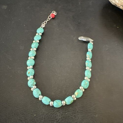 Women's Blue Turquoise Bead Bracelet | Southwestern Sterling Silver Link | 8" | 17498