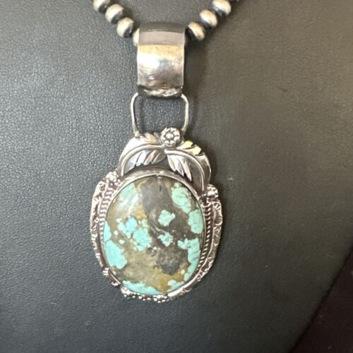 Men's Blue #8 Turquoise Pendant Necklace | Navajo Sterling Silver | Authentic Native American Handmade | 14974