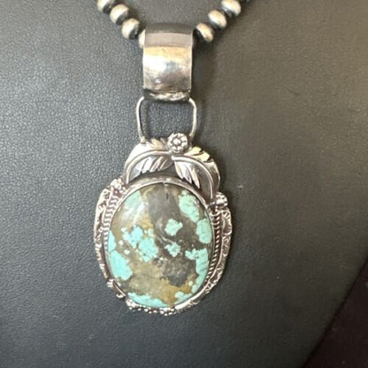 Men's Blue #8 Turquoise Pendant Necklace | Navajo Sterling Silver | Authentic Native American Handmade | 14974