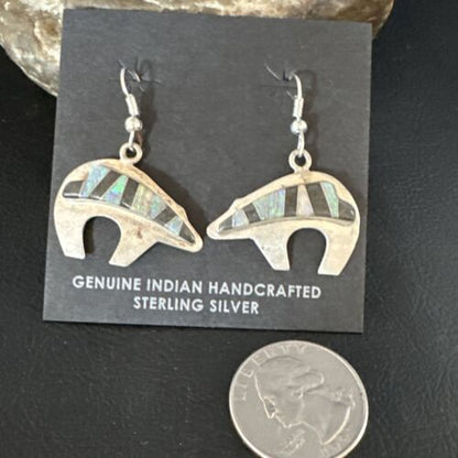 Navajo Onyx White Opal Inlay Dangle Earrings | Sterling Silver | Authentic Native American Handmade | 15352
