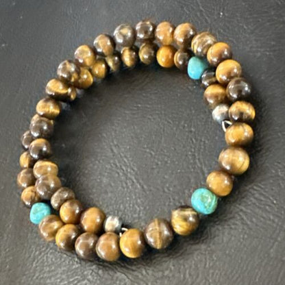 Navajo Blue Turquoise Coffee Tiger's Eye Bracelet | Stainless Steel Memory Wire | Authentic Native American Handmade | 17627