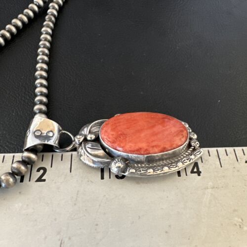 Navajo Red Spiny Oyster Pendant Necklace | Sterling Silver | Authentic Native American Handmade | 15632