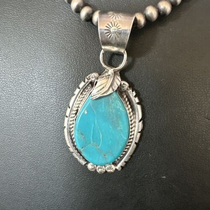 Men's Blue Kingman Turquoise Pendant Necklace | Navajo Pearls | Sterling Silver | 16019