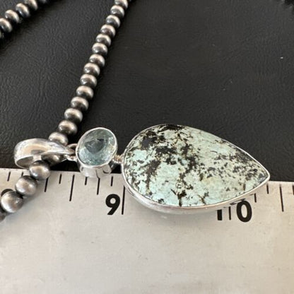 Navajo Dry Creek Turquoise Topaz Pendant Necklace | Sterling Silver | Authentic Native American Handmade | 16314