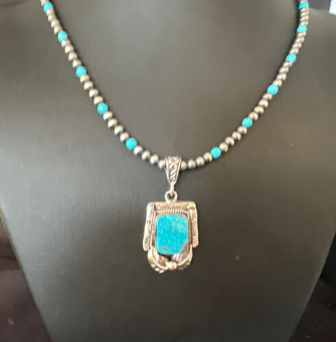 Navajo Pearls Kingman Turquoise Necklace | Sterling Silver | Authentic Native American Handmade | 14895 - Masha USA