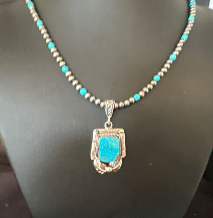 Navajo Pearls Kingman Turquoise Necklace | Sterling Silver | Authentic Native American Handmade | 14895 - Masha USA