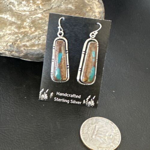 Navajo Blue Boulder Turquoise Dangle Earrings | Sterling Silver | Authentic Native American Handmade | 16499
