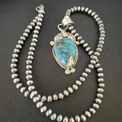 Navajo Blue Turquoise Pendant Necklace | Sterling Silver Pearls | Authentic Native American Handmade | 15647
