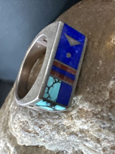 Men's Navajo Inlay Ring | Sterling Silver Lapis Blue Spiderweb Turquoise | Sz 8 | 15915