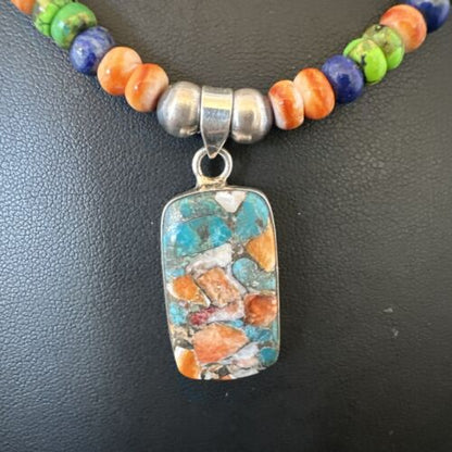 Navajo Spiny Oyster Turquoise Lapis Pendant Necklace | Sterling Silver | 21" | Authentic Native American Handmade | 16630