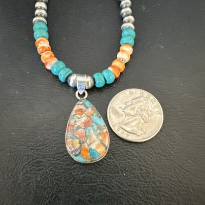Navajo Spiny Turquoise Pendant Necklace | Sterling Silver | 22" | Authentic Native American Handmade | 17414