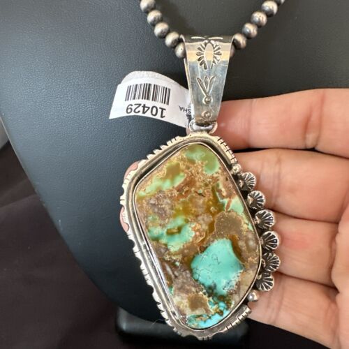 Men's Navajo Blue Green Royston Turquoise Pendant Necklace | Sterling Silver | Native American Handmade | 10429