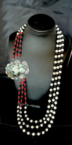 Navajo White Buffalo Turquoise and Coral Pendant Necklace | Sterling Silver | Authentic Native American Handmade | 15495