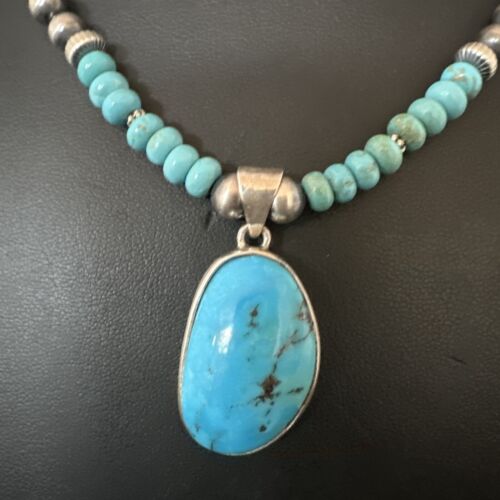 Navajo Blue Kingman Turquoise Pendant Necklace | Sterling Silver | 21" | Authentic Native American Handmade | 17087