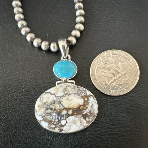 Navajo Wild Horse Blue Kingman Turquoise Necklace | Sterling Silver | Authentic Native American Handmade | 17323