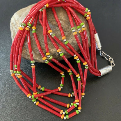 Navajo Red Coral Spiny Turquoise Bead Necklace with Pendant | Sterling Silver | 21" | 10923
